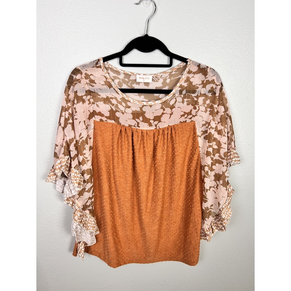 Hailey & Co Womens Small‎ Orange Short Sleeve Blouse Shirt Top Gold